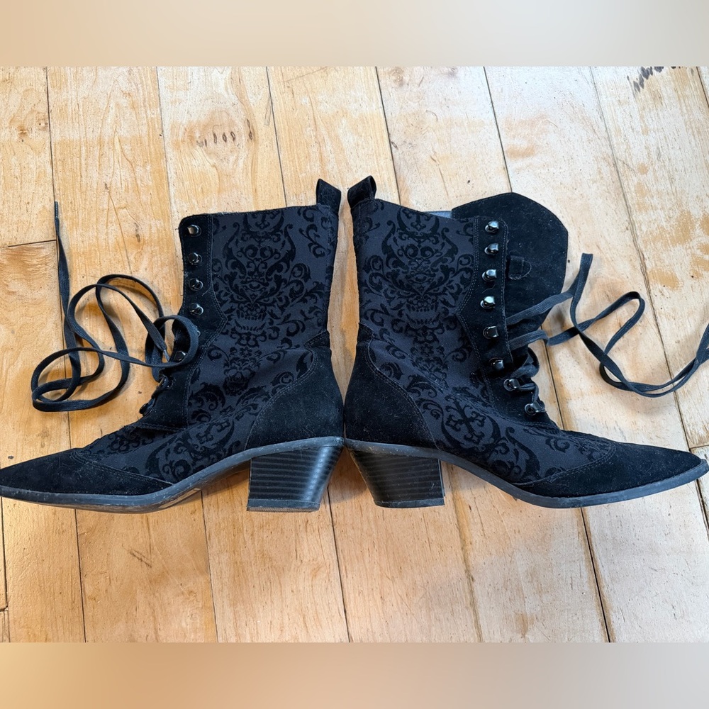 Killstar Black Lace Up Damask Velvet Boots